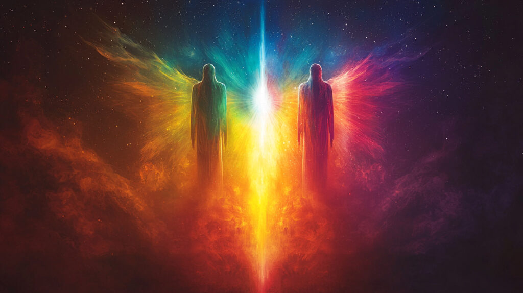 Vibrant spectrum of lights with a sharp peak in the center against a dark background.